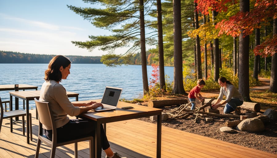 Parent using a laptop on a wooden outdoor coworking deck beside an Ontario lake, with a child and educator exploring a nature play area among pine and maple trees in warm late-afternoon light.