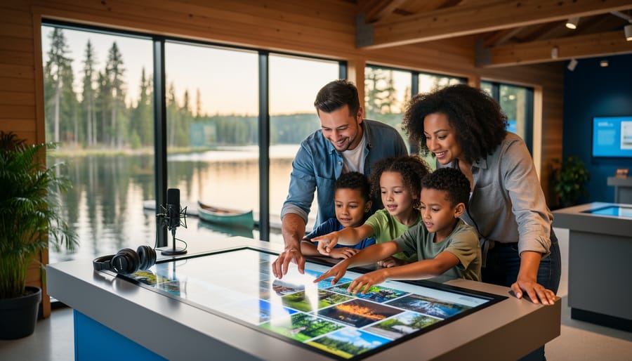 Family collaborating at a touchscreen digital storytelling kiosk in an Ontario Parks visitor center, with headphones and a microphone on the desk, and a misty lake, pine trees, and a canoe dock visible through sunlit windows; no visible on-screen text.