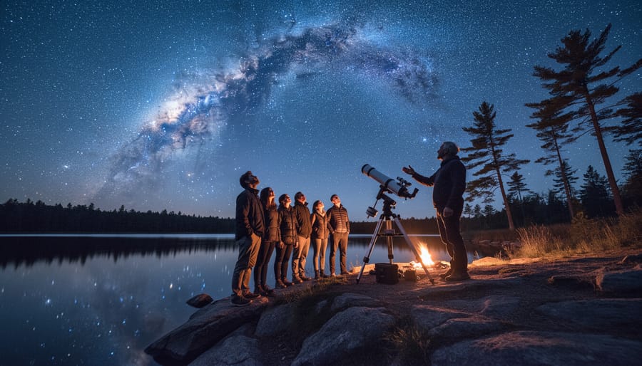 Group with an astronomy guide and telescope on a rocky Ontario lakeshore beneath the Milky Way, framed by silhouetted pines and a calm star-reflecting lake, softly lit by a nearby campfire.