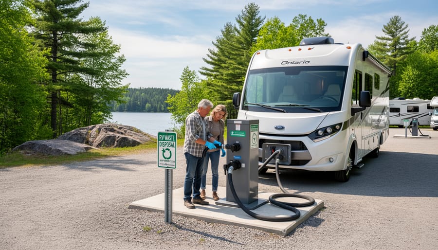 RVs parked at scenic lakeside campground surrounded by Ontario forest