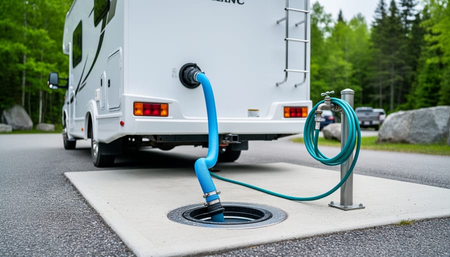 Rear view of an RV at a concrete dump station, sewer hose attached to an in-ground inlet with a potable water spigot nearby, framed by mixed Ontario forest and granite outcrops; clean setup with no readable signage or logos.