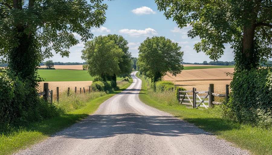 Scenic rural road through Ontario farmland with hedgerows bordering agricultural fields