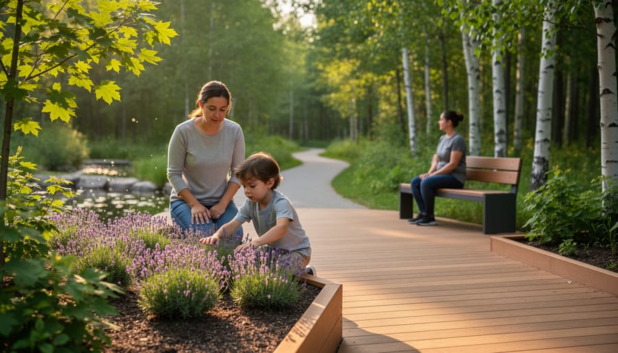 Child touching lavender and thyme in a tactile garden beside a wooden boardwalk, with a parent nearby and another visitor on a quiet bench in a wooded Ontario park at golden hour; soft-focus background with maple and birch trees and a small water feature.