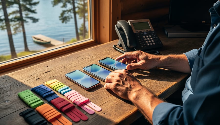 Close-up of a tourism operator’s hands arranging multiple smartphones and color-coded booking bands on a rustic wooden desk, with a blurred view of a pine-lined Ontario lake and canoe dock through the window.