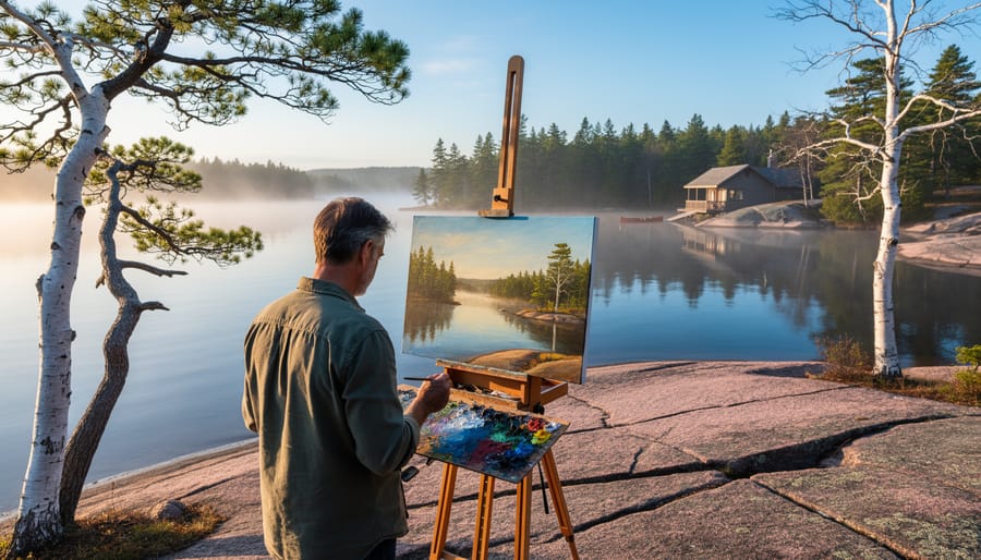 Artist painting at an easel on a rocky Ontario lakeshore at golden hour, mist on the water, tall pines surrounding, with a softly blurred cabin and canoe in the background.
