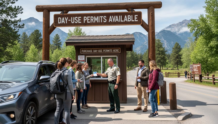 Park attendant handing day-use permit to visitors in vehicle at Ontario Parks entrance gate