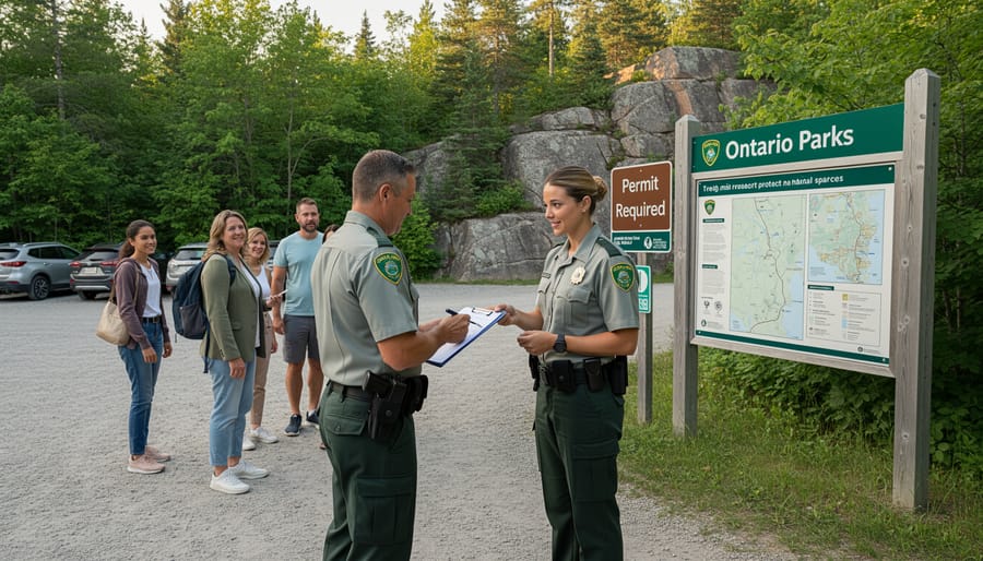Park ranger issuing citation to vehicle at park entrance