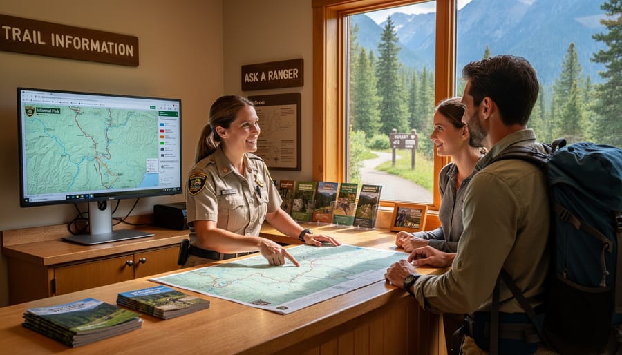 Park staff member providing trail map and information to visitor at welcome centre counter