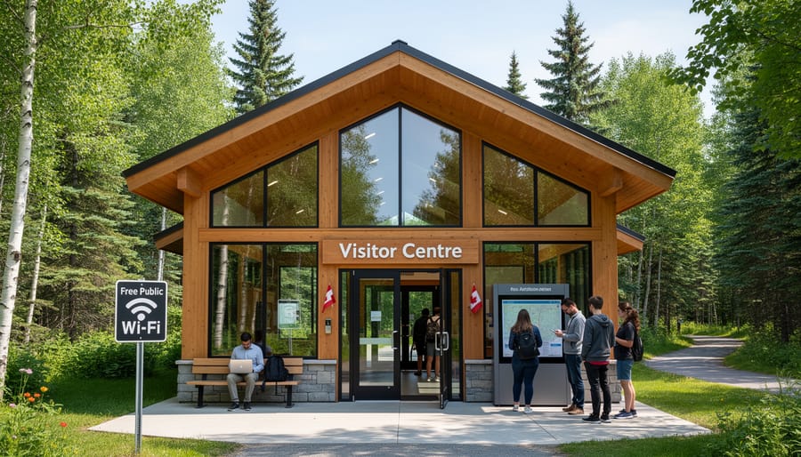 Ontario park visitor center building entrance surrounded by natural forest landscape