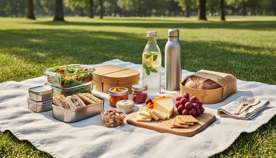 Overhead view of picnic food spread with sandwiches, fruits and reusable containers on wooden table