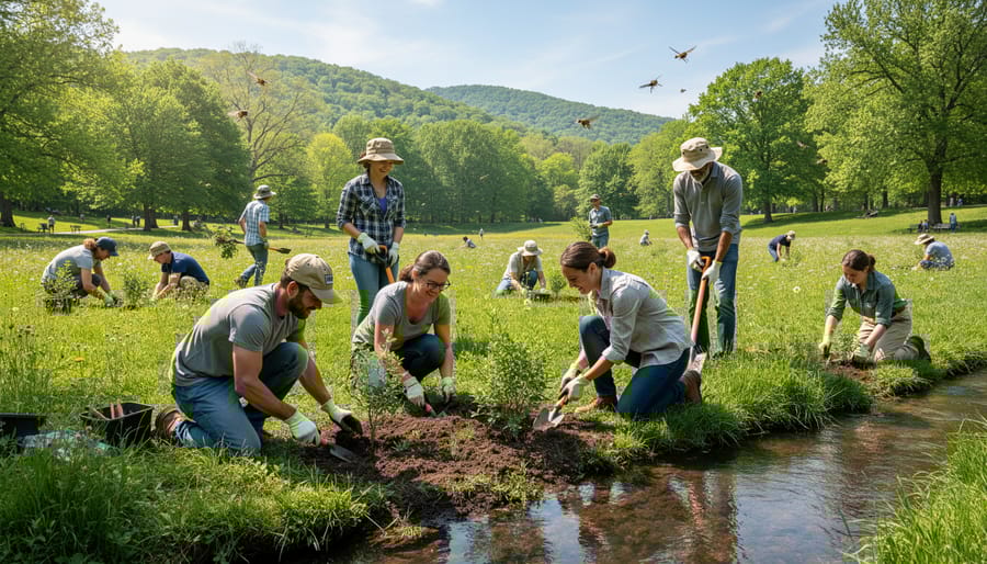 Volunteer's hands planting native wildflower seedlings during fall restoration project