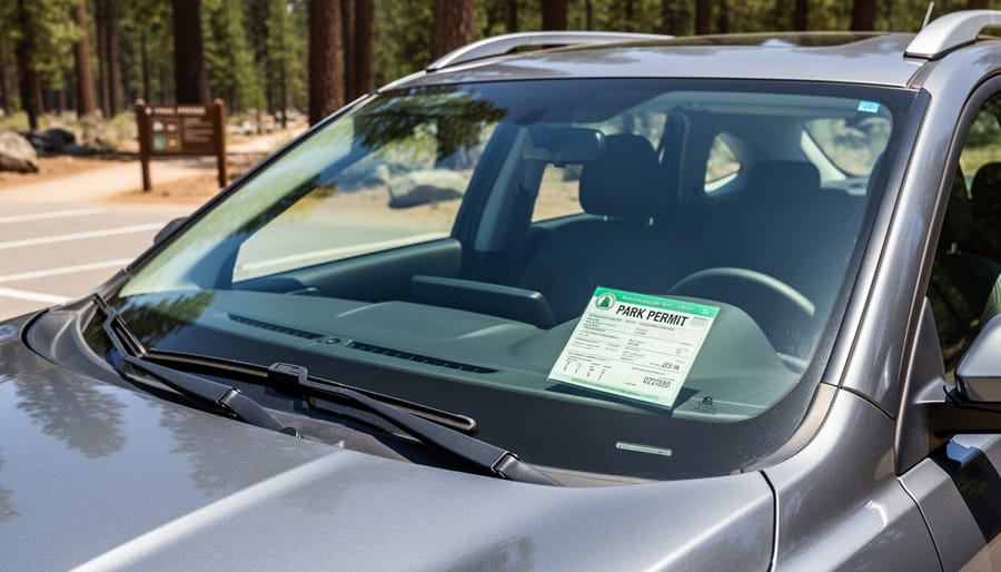 Hand placing park permit on vehicle dashboard with forest in background
