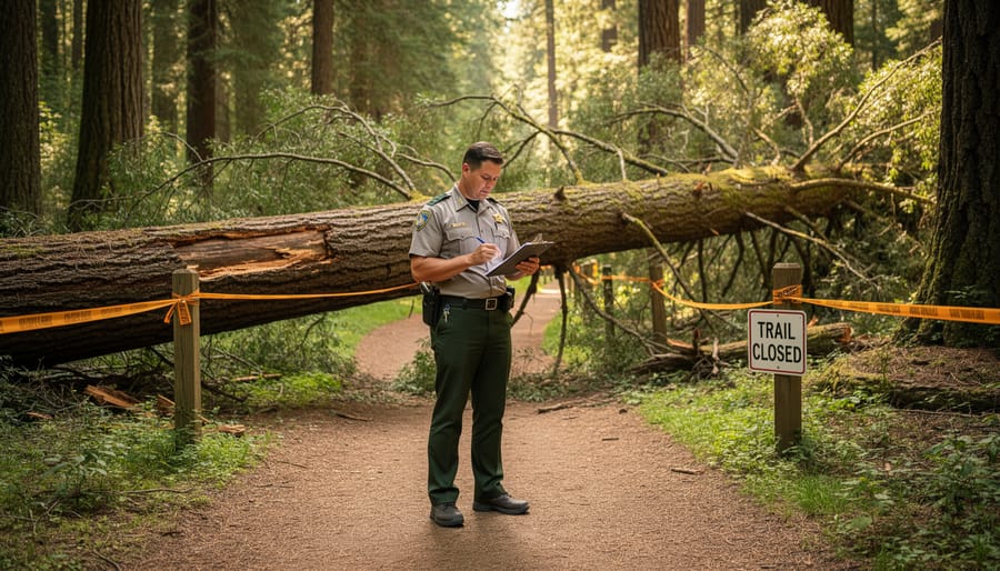 Park ranger examining fallen tree blocking a forest trail