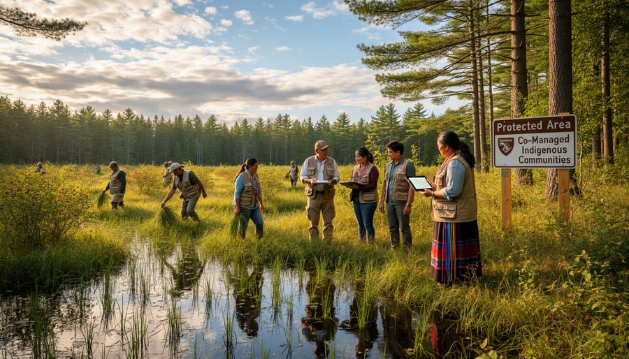 Restored wetland ecosystem with wild rice beds and forest in Ontario park