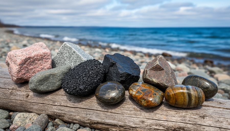 Hands holding collection of various Lake Superior rocks including granite, basalt, and agates