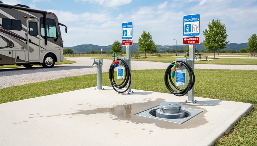 RV dump station with concrete pad and waste disposal connections at campground facility