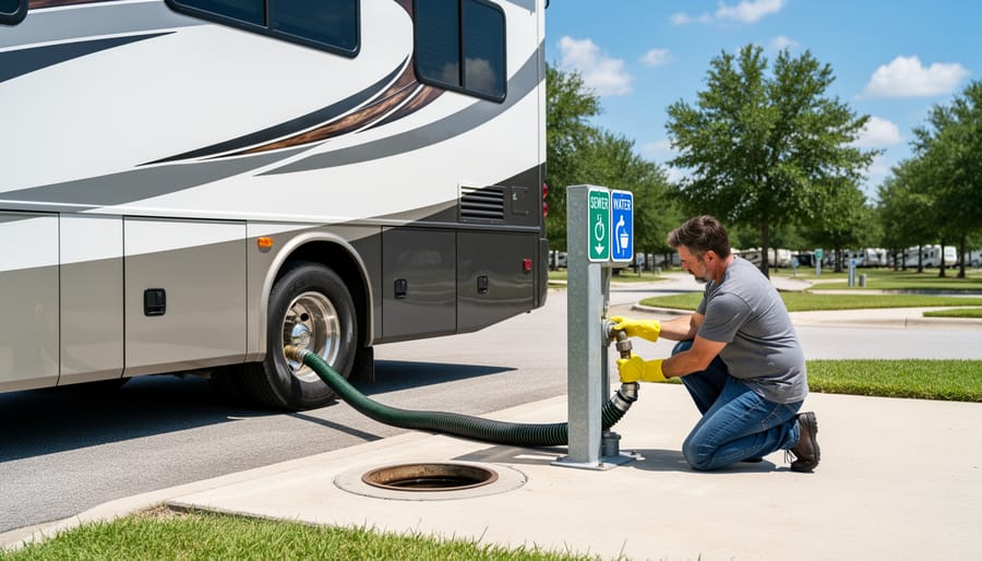 RV owner connecting waste hose to dump station outlet while wearing protective gloves