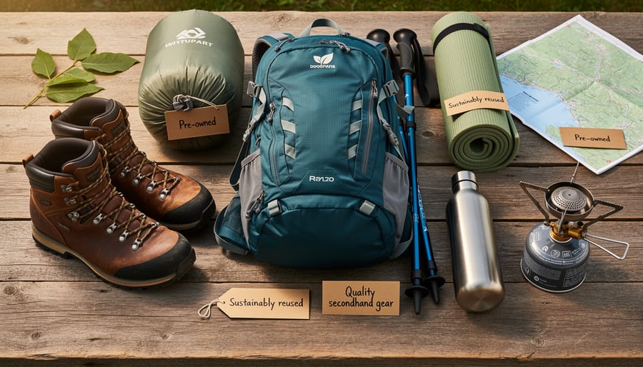 Used hiking boots and camping equipment displayed in secondhand outdoor gear store