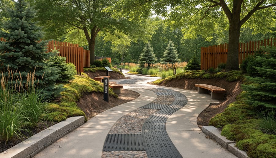 Quiet textured pathway surrounded by natural vegetation in sensory-friendly park