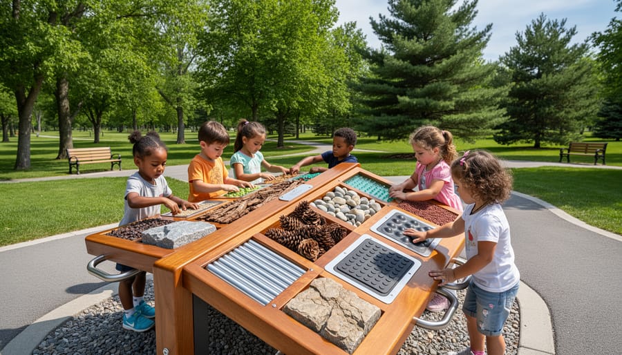 Child exploring textured sensory panel in outdoor park setting