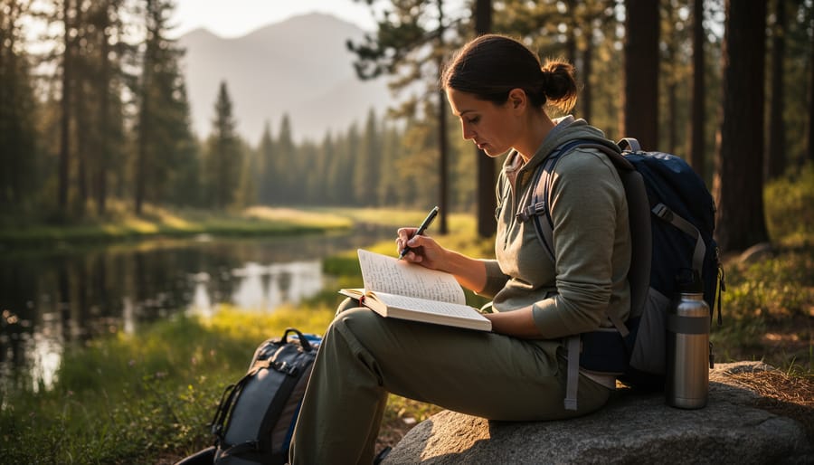 Journal and compass on wooden dock representing solo travel planning and reflection