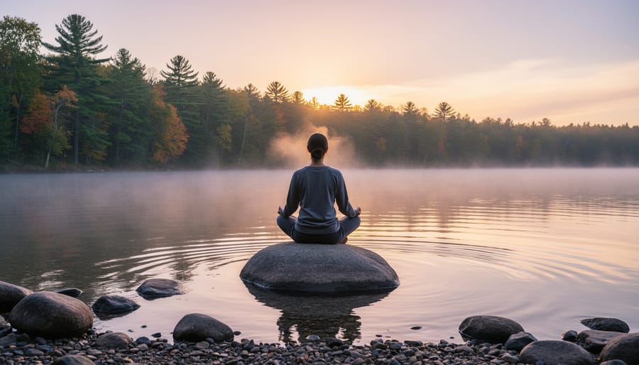 Solo traveler sitting on rocky lakeshore watching sunrise over calm Ontario wilderness lake