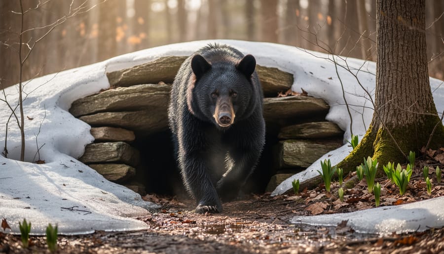 Black bear emerging from winter den in early spring Ontario forest with melting snow