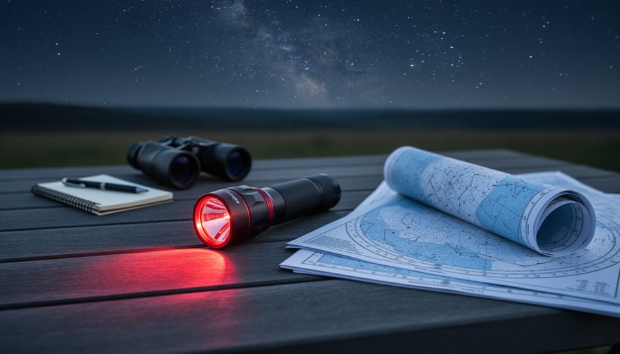Hands holding red flashlight over star chart with binoculars and camping gear