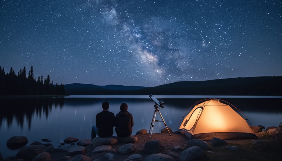 Two friends on a rocky lakeshore in an Ontario park stargazing beside a small tent and a telescope under the Milky Way, with a faint meteor and stars reflecting on a still lake and a silhouetted spruce-pine treeline.