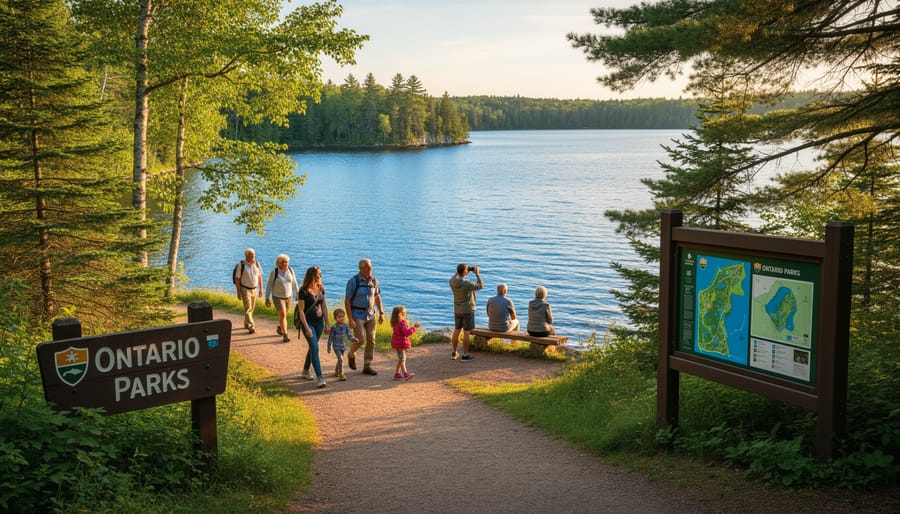 Group of visitors arriving at Ontario park trail entrance during golden hour