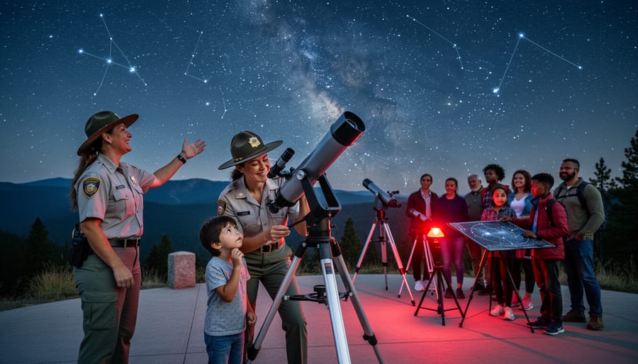 Park naturalist helping family look through telescope during stargazing program