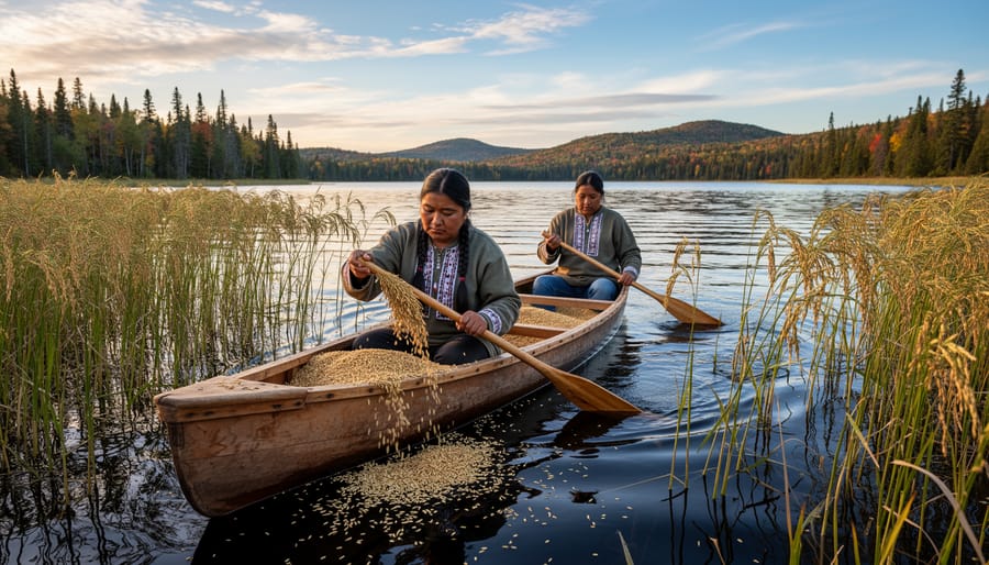 Indigenous elder's hands holding wild rice stalks over traditional birch bark basket