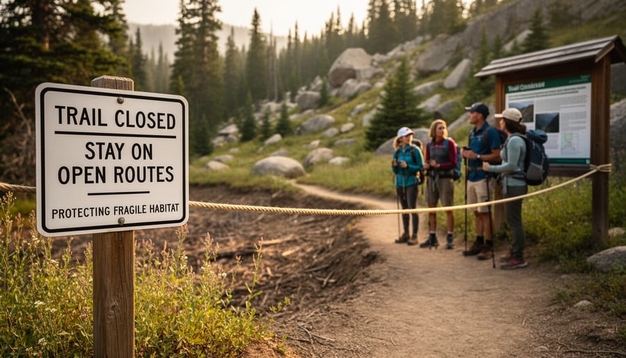 Trail closed sign with caution tape blocking forest path