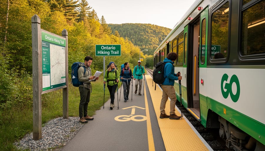 Hiker disembarking from GO Transit bus at forested trailhead entrance