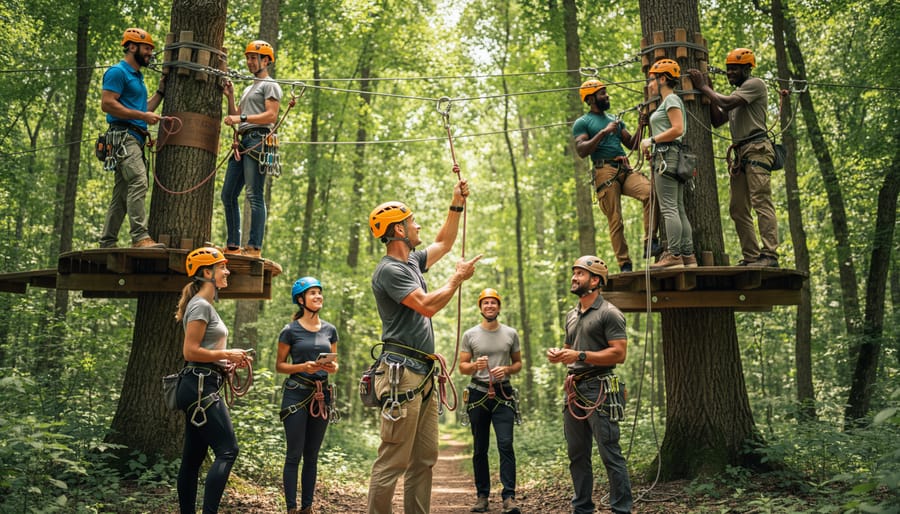 Climber in safety harness ascending tree trunk with rope system in Ontario forest