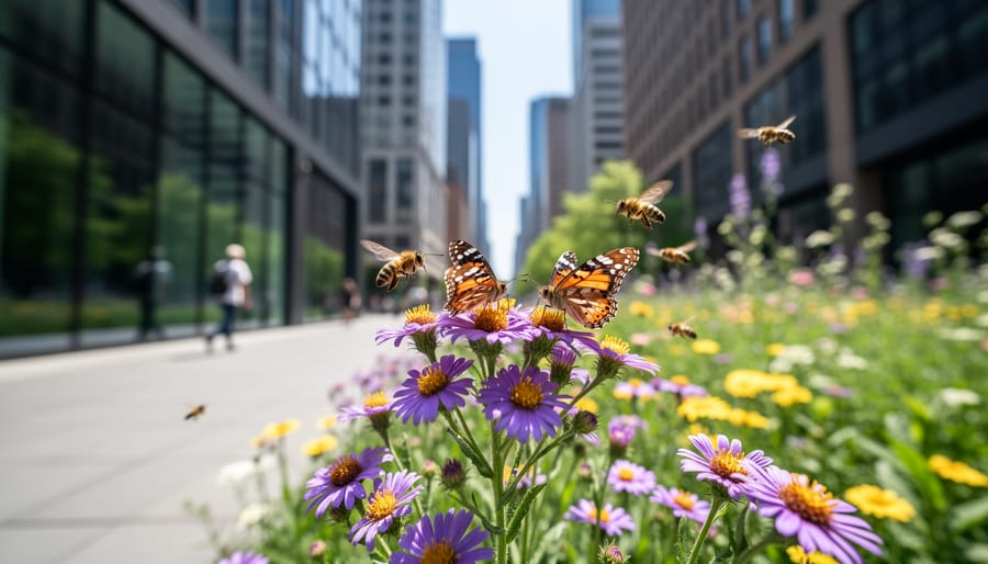 Monarch butterfly on purple coneflower in urban pollinator garden with buildings in background