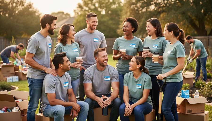 Volunteers socializing and taking break together during park stewardship day