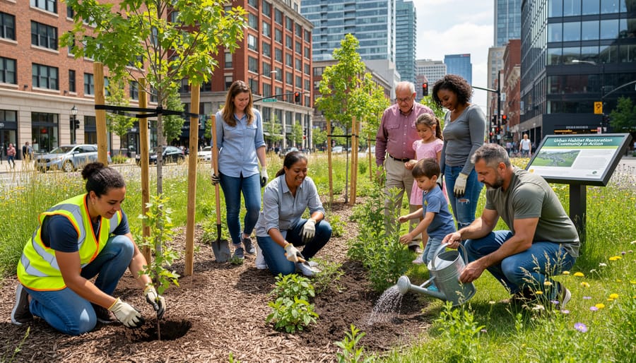 Volunteer planting native species in urban ravine restoration project
