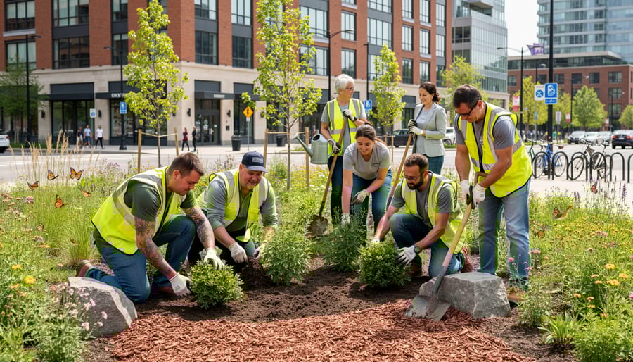 Group of volunteers planting native plants in urban green space with city buildings in background