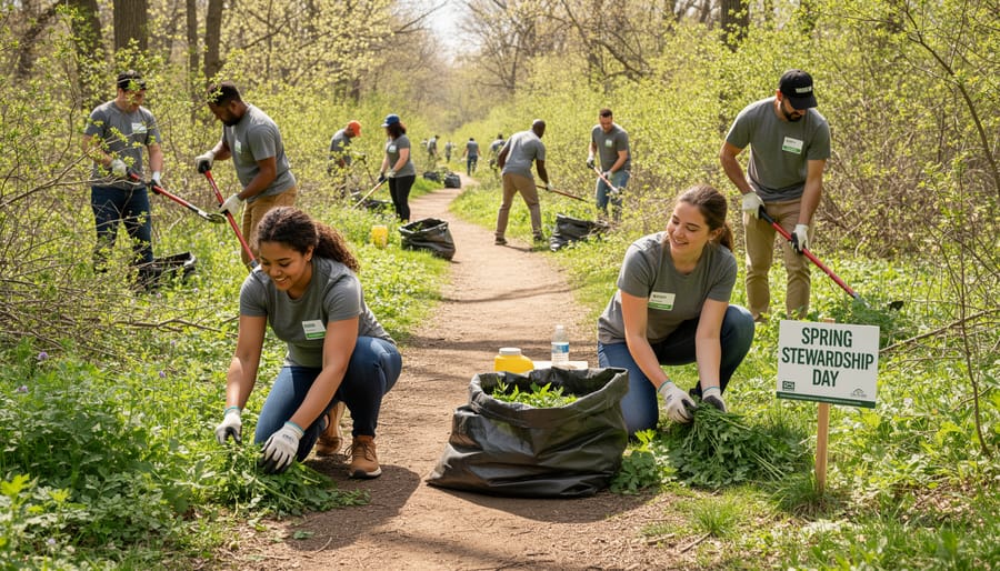 Group of volunteers removing invasive plants along forest trail in Ontario park