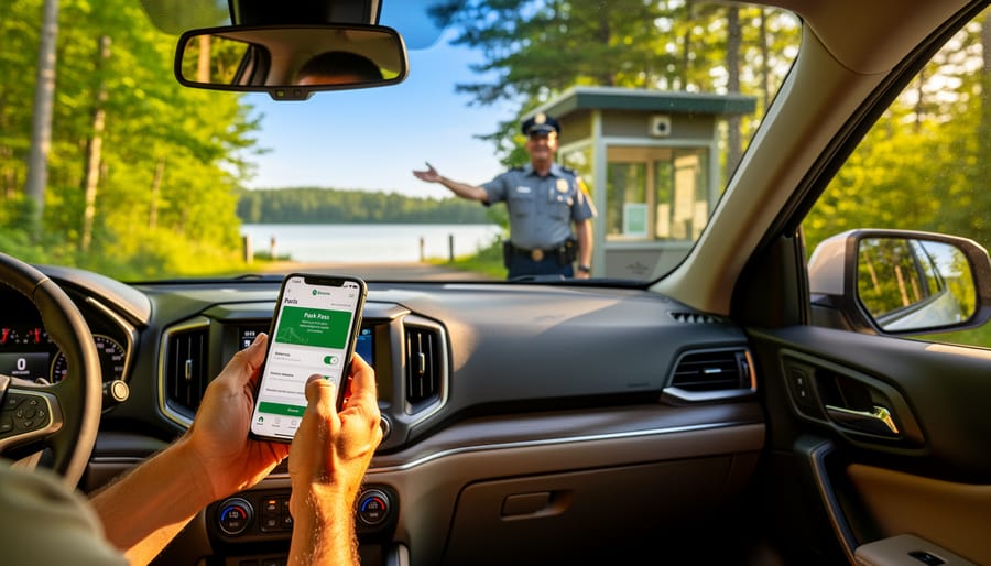 Driver holds up a smartphone with a digital park pass as a ranger at a provincial park entrance waves the car through, with pine forest and a glimmer of lake in soft focus under golden hour light.