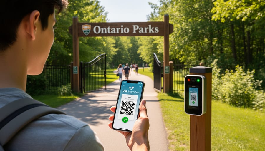 Person holding smartphone with digital park pass at park entrance gate