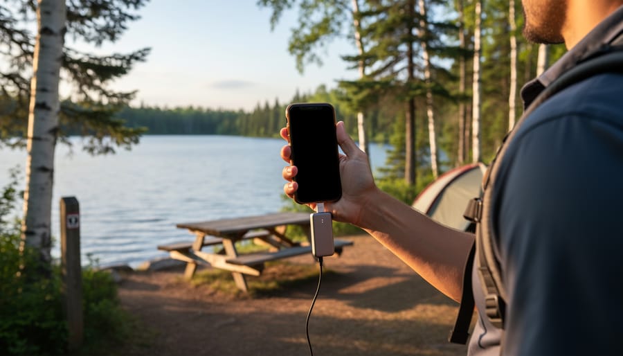 Hiker at an Ontario lakeside campsite holding a smartphone aloft, connected to a power bank, with pine and birch trees, a tent, and a picnic table softly blurred in warm golden light.