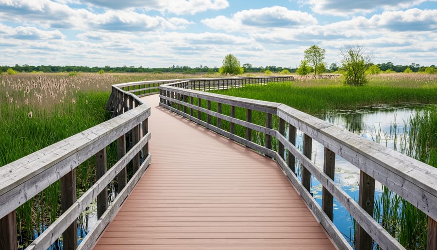 Accessible wooden boardwalk trail with railings winding through wetland marsh landscape
