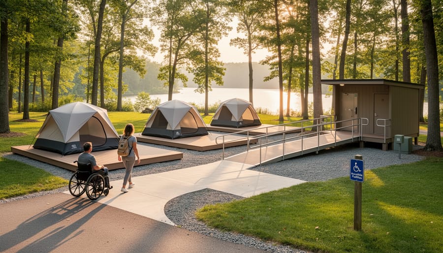 Accessible camping platform with level surface and paved pathway in forested campground