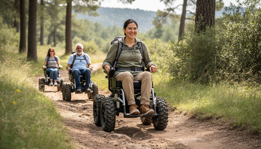 All-terrain wheelchair on accessible wooden boardwalk trail through forest