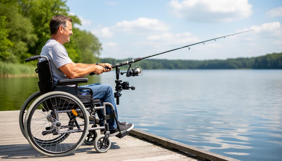 Park staff demonstrating adaptive fishing equipment attached to wheelchair