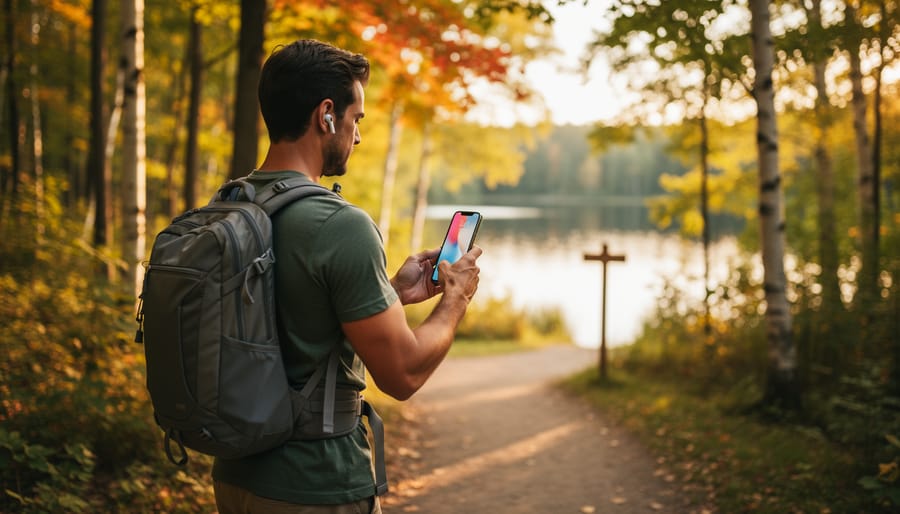 Hiker on an Ontario forest trail at golden hour checking a smartphone for AI guidance, wearing a daypack and earbud, with autumn leaves and a distant lake softly blurred in the background.