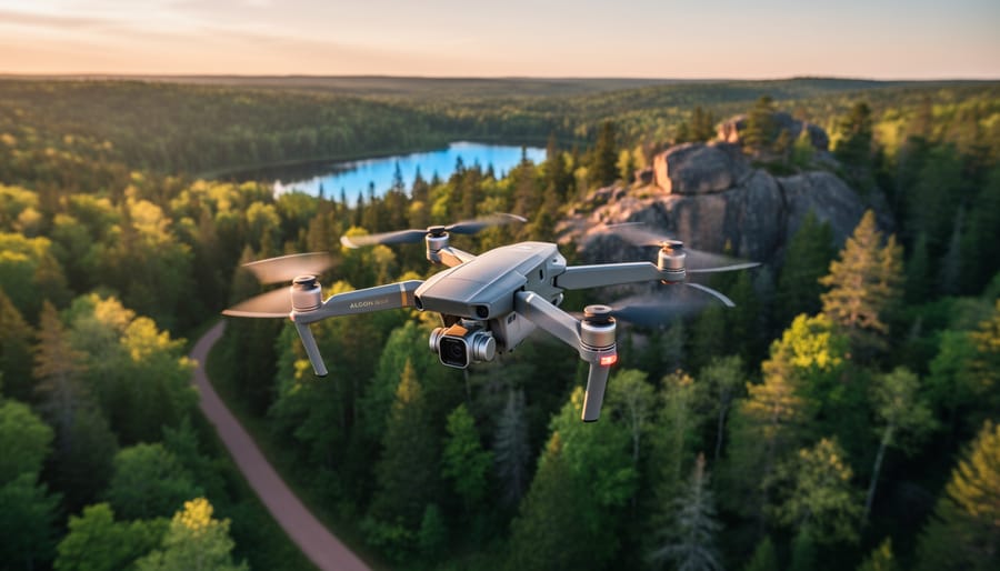 Camera-equipped survey drone flying above a mixed hardwood and conifer forest in Ontario at golden hour, with a winding footpath, small lake, and granite outcrops below; drone sharply focused, background softly blurred.