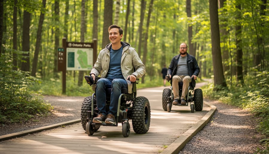 Person using all-terrain wheelchair on accessible boardwalk trail surrounded by forest
